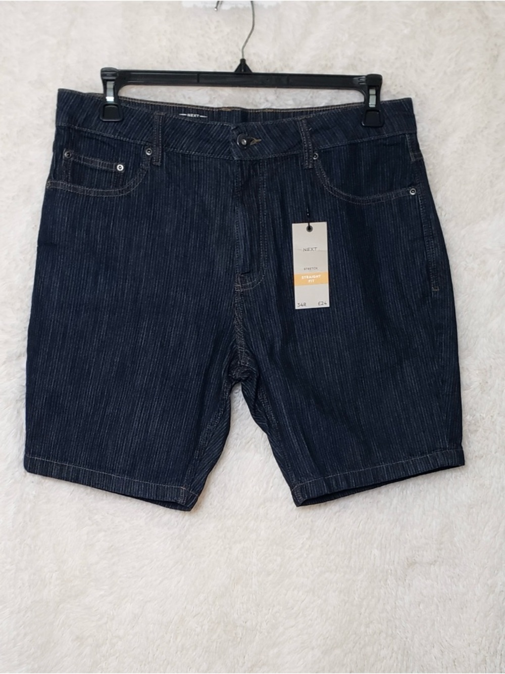 NEXT Men’s Denim Pinstriped Shorts Size 34R NWT Stretch Straight Fit Dark Wash